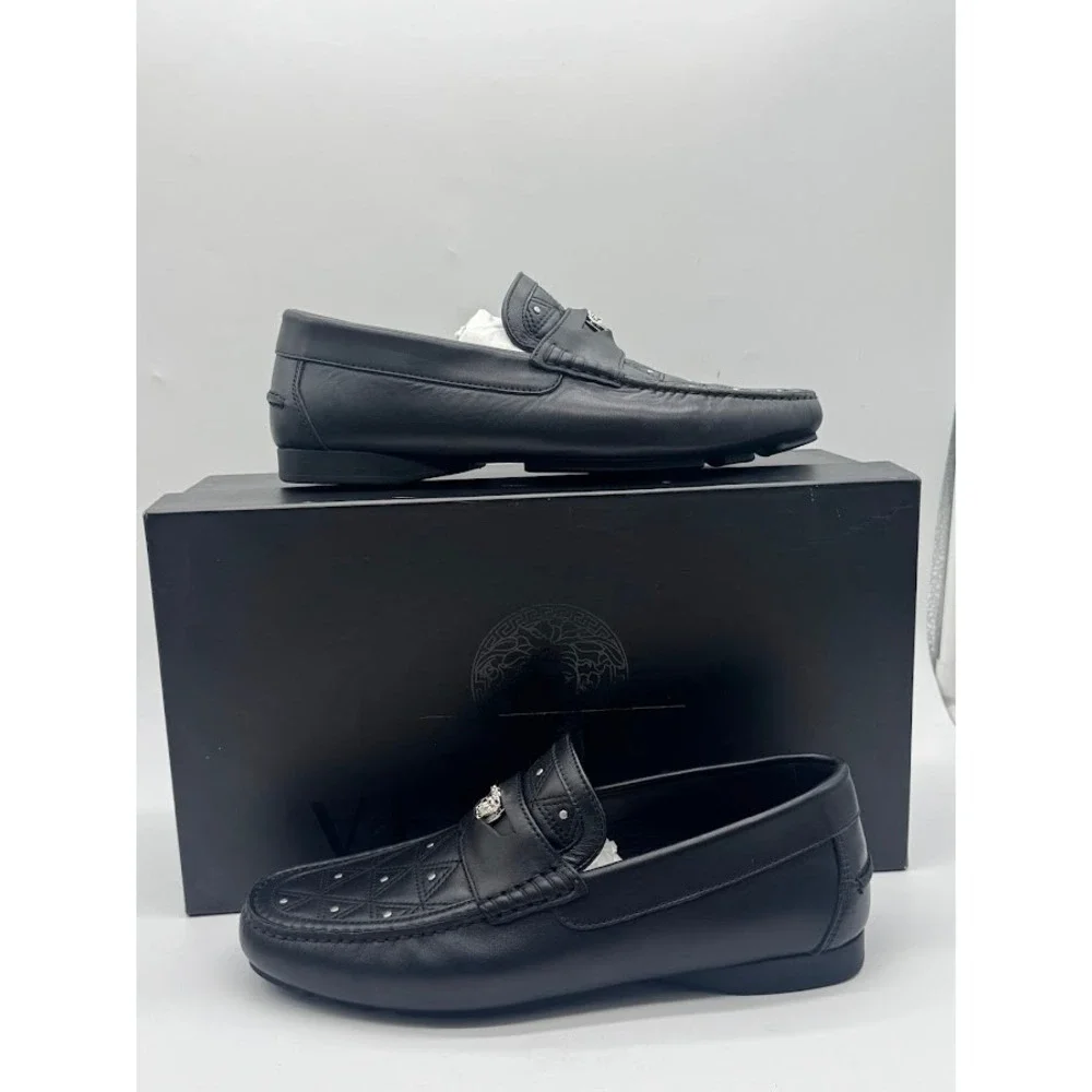 Versace Imola Medusa Leather Driver‎ Loafers Black Mens EU 39 US 6 DSU6051 NIB